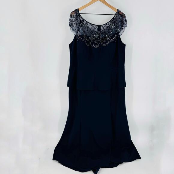 Xscape Navy Beaded Lace Cap Sleeve Formal Gown Floor Length Dress 18W - Picture 10 of 10